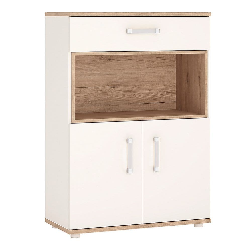 Kinder 2 Door 1 Drawer Cupboard with open shelf in Light Oak and white High Gloss (opalino handles)